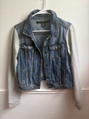 Streetwear Society Blue Denim Jacket with Light Gray Knit Sleeves